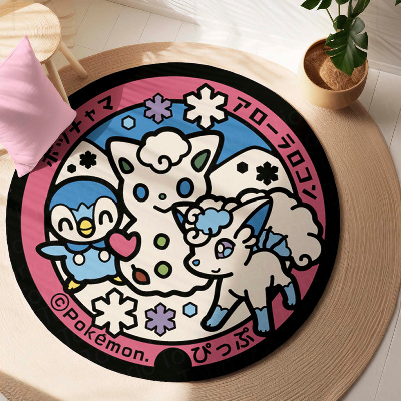 Cute Pokémon Friends Round Rug | Piplup, Alolan Vulpix & Spinda Anime Floor Mat | Anti-Slip 3 mm Absorbent Circle Rug for Bedroom & Gaming Room