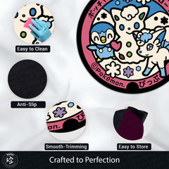 Cute Pokémon Friends Round Rug | Piplup, Alolan Vulpix & Spinda Anime Floor Mat | Anti-Slip 3 mm Absorbent Circle Rug for Bedroom & Gaming Room