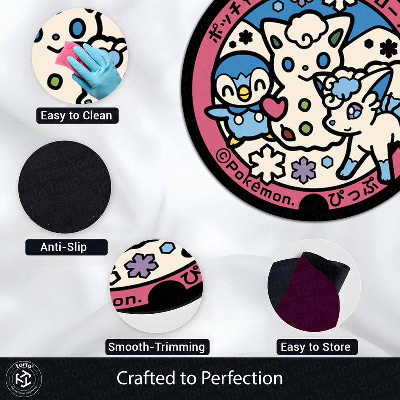 Cute Pokémon Friends Round Rug | Piplup, Alolan Vulpix & Spinda Anime Floor Mat | Anti-Slip 3 mm Absorbent Circle Rug for Bedroom & Gaming Room