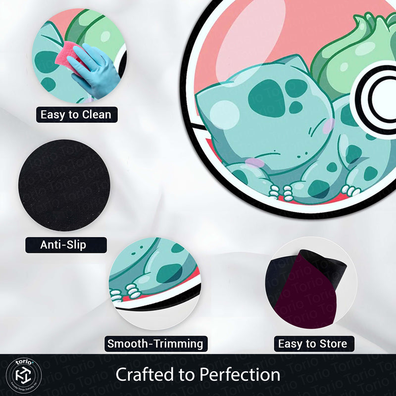 Bulbasaur Poké Ball Round Rug | Cute Pokémon Inspired Floor Mat | Anime Anti-Slip 3 mm Absorbent Circle Rug for Bedroom, Gaming Room & Kids Room