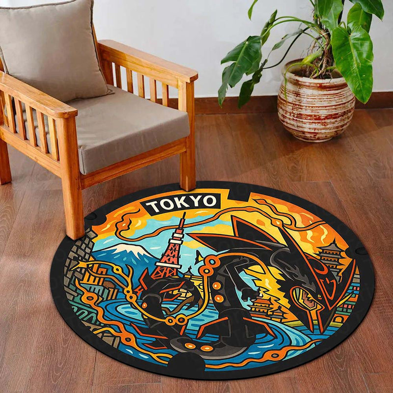 Tokyo Rayquaza Pokémon Manhole Cover Round Rug | Japanese Anime Floor Mat | Anti-Slip 3 mm Absorbent Circle Rug for Gaming Room, Bedroom & Pokémon Fans