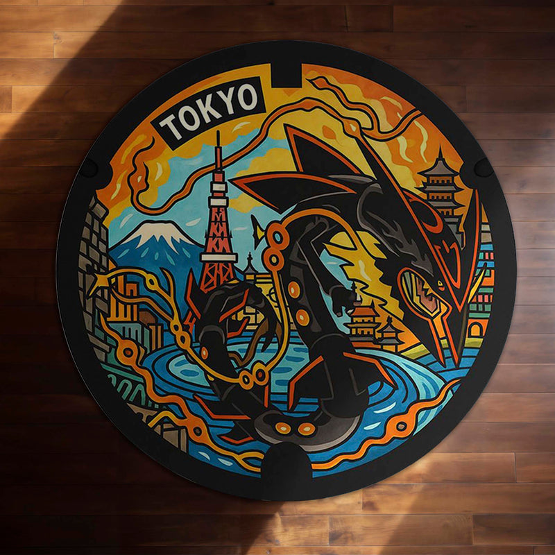 Tokyo Rayquaza Pokémon Manhole Cover Round Rug | Japanese Anime Floor Mat | Anti-Slip 3 mm Absorbent Circle Rug for Gaming Room, Bedroom & Pokémon Fans