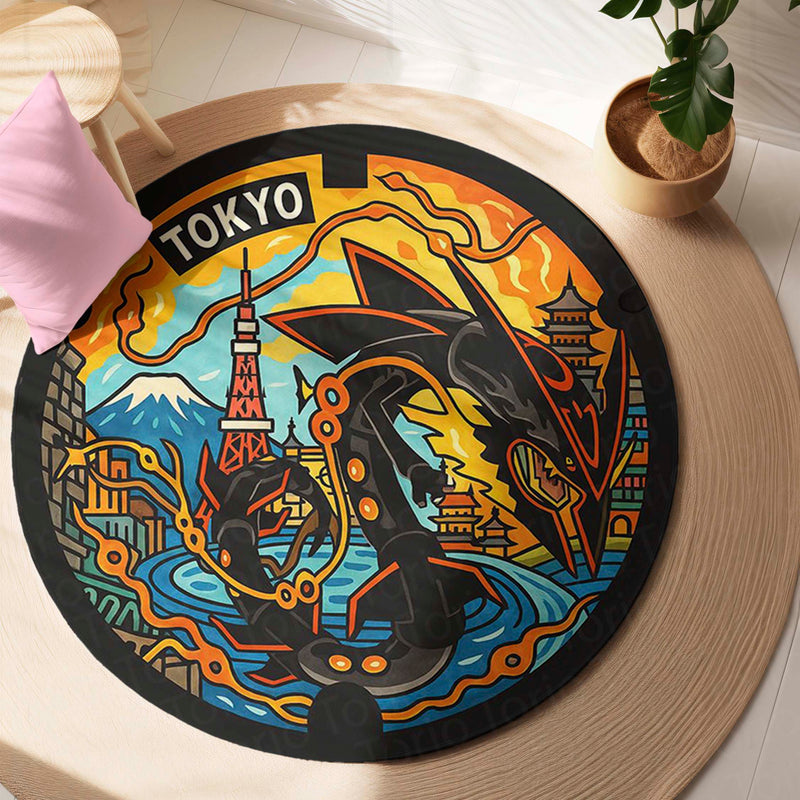 Tokyo Rayquaza Pokémon Manhole Cover Round Rug | Japanese Anime Floor Mat | Anti-Slip 3 mm Absorbent Circle Rug for Gaming Room, Bedroom & Pokémon Fans