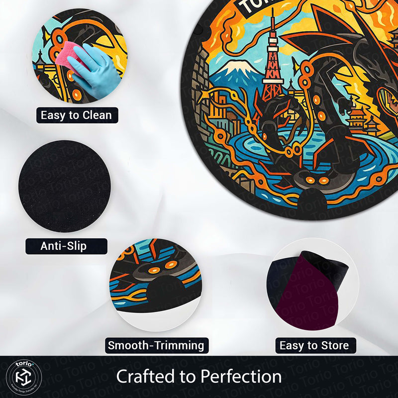Tokyo Rayquaza Pokémon Manhole Cover Round Rug | Japanese Anime Floor Mat | Anti-Slip 3 mm Absorbent Circle Rug for Gaming Room, Bedroom & Pokémon Fans