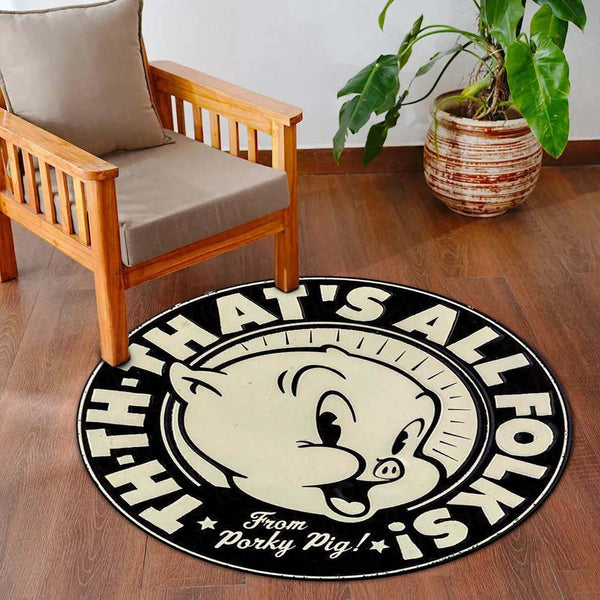 That's All Folks Porky Pig Round Rug | Vintage Cartoon Inspired Anti-Slip Floor Mat | Classic Black & White 3 mm Absorbent Circle Rug for Bedroom, Gaming Room & Cartoon Fans