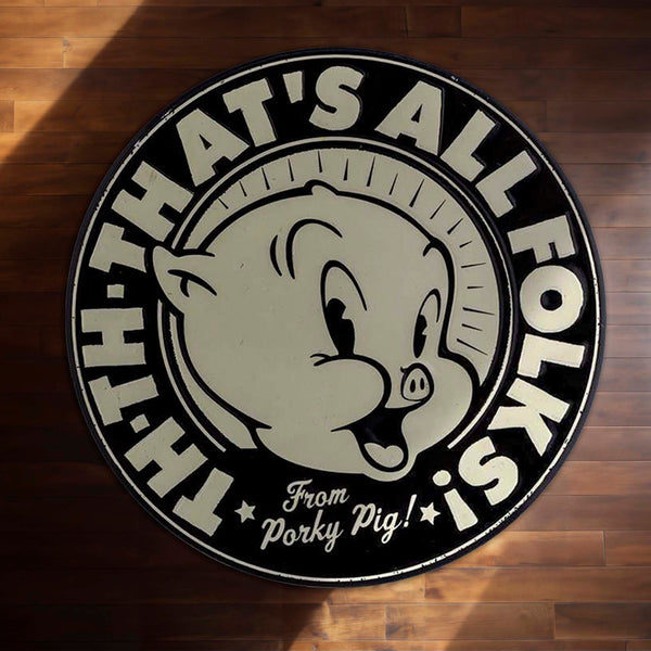 That's All Folks Porky Pig Round Rug | Vintage Cartoon Inspired Anti-Slip Floor Mat | Classic Black & White 3 mm Absorbent Circle Rug for Bedroom, Gaming Room & Cartoon Fans