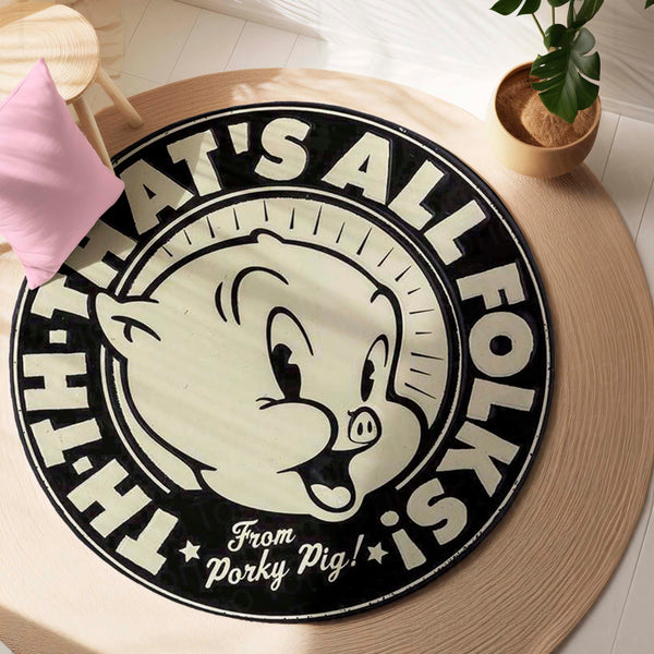 That's All Folks Porky Pig Round Rug | Vintage Cartoon Inspired Anti-Slip Floor Mat | Classic Black & White 3 mm Absorbent Circle Rug for Bedroom, Gaming Room & Cartoon Fans