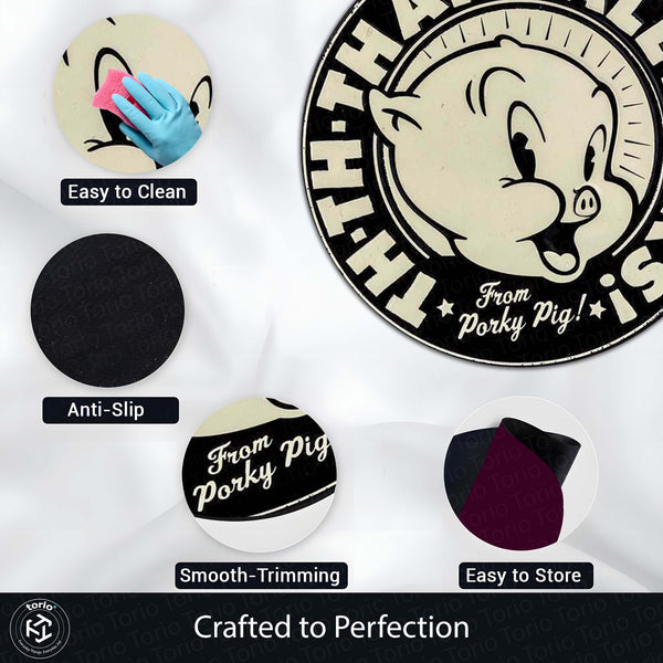 That's All Folks Porky Pig Round Rug | Vintage Cartoon Inspired Anti-Slip Floor Mat | Classic Black & White 3 mm Absorbent Circle Rug for Bedroom, Gaming Room & Cartoon Fans