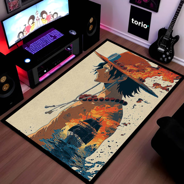 One Piece Ace Fire Fist Area Rug | Portgas D. Ace Pirate Ship Floor Mat | Anime Flame Aesthetic Rug | Torio Otaku Room Decor Carpet for Gaming Setup & Bedroom