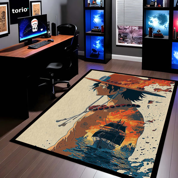 One Piece Ace Fire Fist Area Rug | Portgas D. Ace Pirate Ship Floor Mat | Anime Flame Aesthetic Rug | Torio Otaku Room Decor Carpet for Gaming Setup & Bedroom