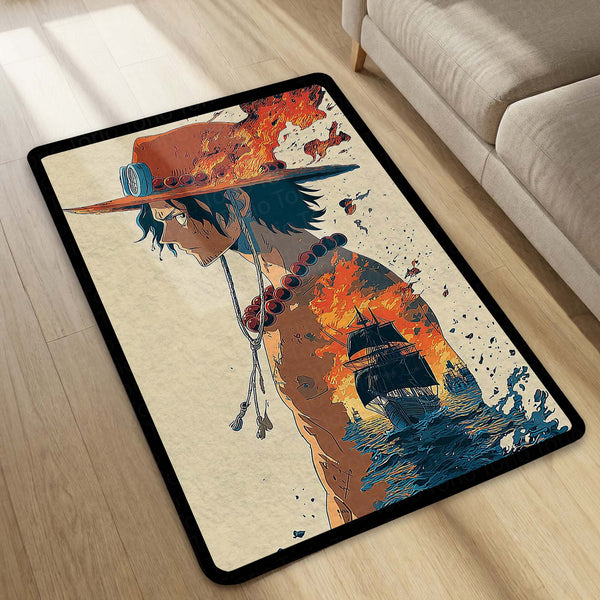 One Piece Ace Fire Fist Area Rug | Portgas D. Ace Pirate Ship Floor Mat | Anime Flame Aesthetic Rug | Torio Otaku Room Decor Carpet for Gaming Setup & Bedroom