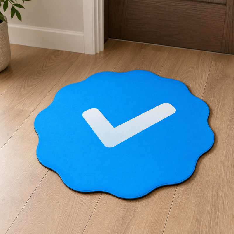 Blue Verified Check Badge Flat Rug | Social Media Verification Icon Cut-Out Flat Rug | Premium Modern Room & Office Floor Decor