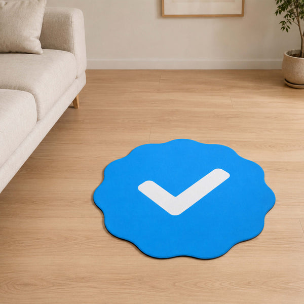 Blue Verified Check Badge Flat Rug | Social Media Verification Icon Cut-Out Flat Rug | Premium Modern Room & Office Floor Decor