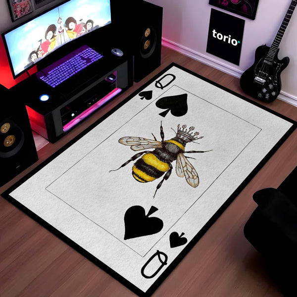 Queen Bee Queen of Spades Area Rug | Royal Playing Card Floor Mat | Gothic Gold & Black Aesthetic Rug | Torio Luxury Decor Carpet for Bedroom, Gaming Setup & Studio