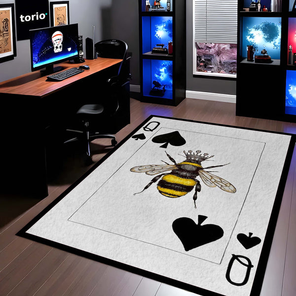 Queen Bee Queen of Spades Area Rug | Royal Playing Card Floor Mat | Gothic Gold & Black Aesthetic Rug | Torio Luxury Decor Carpet for Bedroom, Gaming Setup & Studio