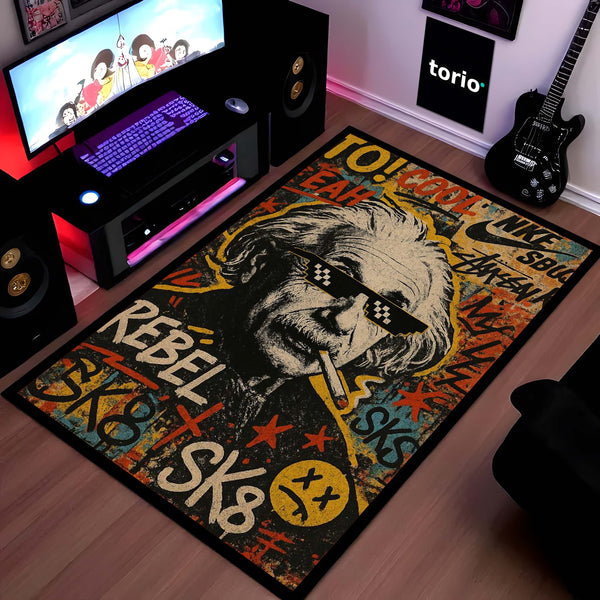 Rebel Sk8 Albert Einstein Area Rug | Graffiti Pop Art Floor Mat | Fun Science Nerd Decor Rug | Torio Urban Skateboard Carpet for Gaming Setup, Bedroom & Office