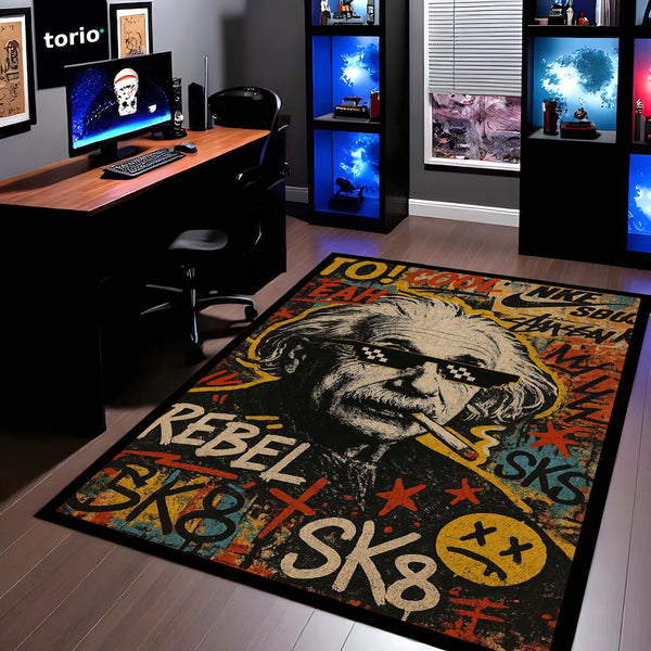 Rebel Sk8 Albert Einstein Area Rug | Graffiti Pop Art Floor Mat | Fun Science Nerd Decor Rug | Torio Urban Skateboard Carpet for Gaming Setup, Bedroom & Office