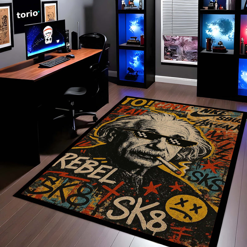 Rebel Sk8 Albert Einstein Area Rug | Graffiti Pop Art Floor Mat | Fun Science Nerd Decor Rug | Torio Urban Skateboard Carpet for Gaming Setup, Bedroom & Office