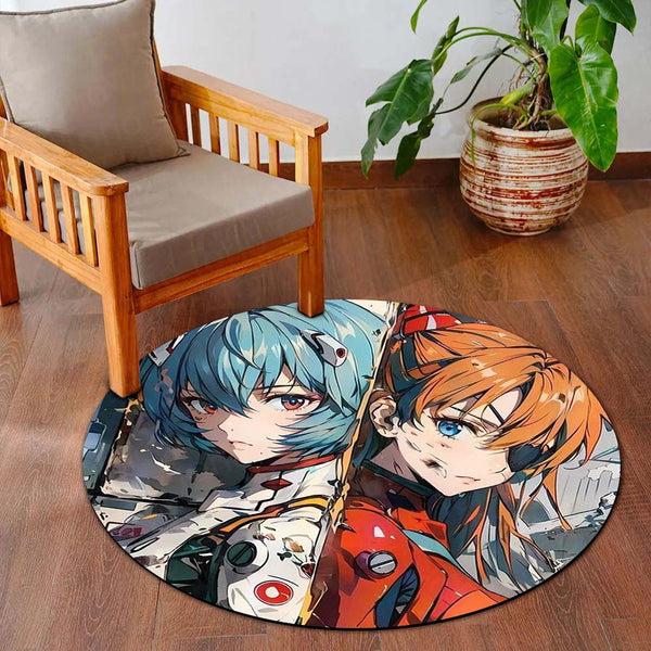 Rei Ayanami & Asuka Langley Anime Round Rug | Evangelion Inspired Floor Mat | Anti-Slip 3 mm Absorbent Circle Rug for Bedroom, Gaming Room & Anime Decor