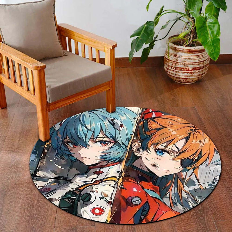 Rei Ayanami & Asuka Langley Anime Round Rug | Evangelion Inspired Floor Mat | Anti-Slip 3 mm Absorbent Circle Rug for Bedroom, Gaming Room & Anime Decor