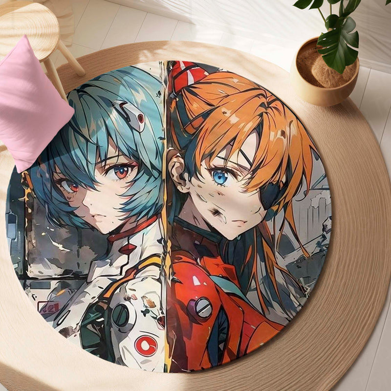 Rei Ayanami & Asuka Langley Anime Round Rug | Evangelion Inspired Floor Mat | Anti-Slip 3 mm Absorbent Circle Rug for Bedroom, Gaming Room & Anime Decor
