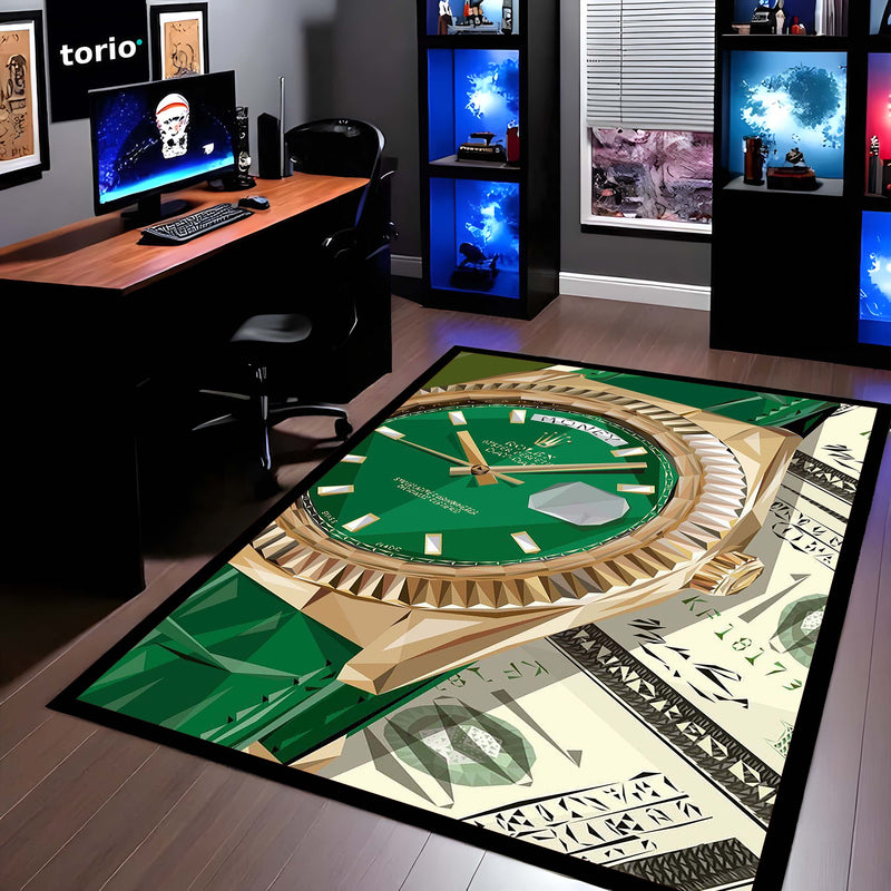 Luxury Green Dial Watch Area Flat Rug | Emerald Luxury Timepiece Inspired Area Flat Rug | Premium Watch Collector Room Floor Decor