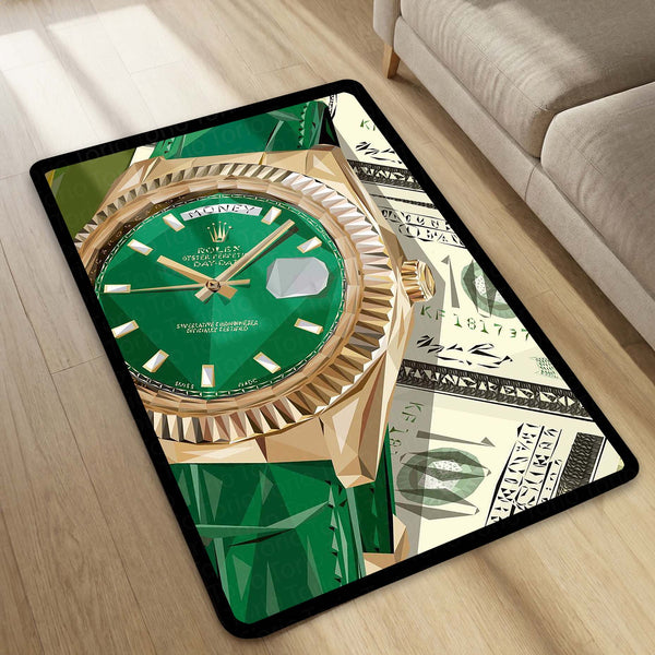 Luxury Green Dial Watch Area Flat Rug | Emerald Luxury Timepiece Inspired Area Flat Rug | Premium Watch Collector Room Floor Decor