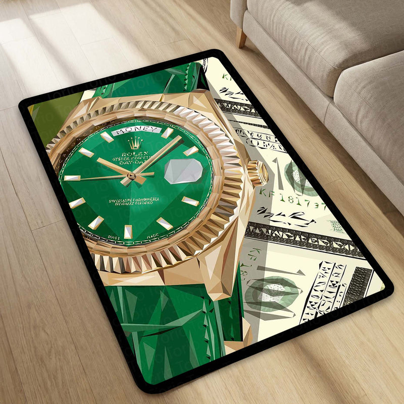Luxury Green Dial Watch Area Flat Rug | Emerald Luxury Timepiece Inspired Area Flat Rug | Premium Watch Collector Room Floor Decor