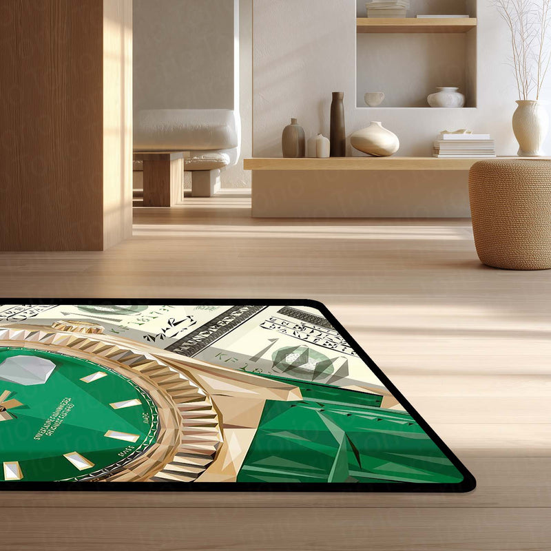 Luxury Green Dial Watch Area Flat Rug | Emerald Luxury Timepiece Inspired Area Flat Rug | Premium Watch Collector Room Floor Decor
