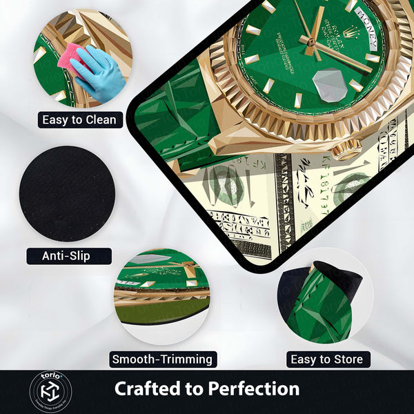 Luxury Green Dial Watch Area Flat Rug | Emerald Luxury Timepiece Inspired Area Flat Rug | Premium Watch Collector Room Floor Decor