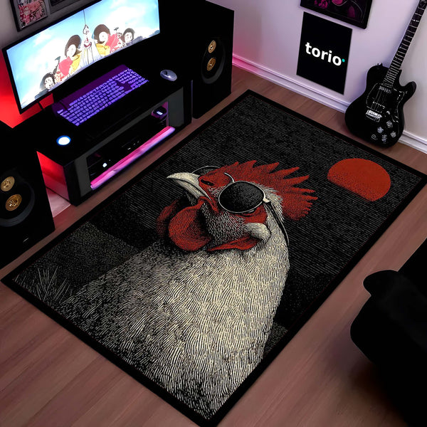 Cool Rooster in Sunglasses Area Rug | Vibrant Pop Art Bird Floor Mat | Quirky Modern Animal Rug | Torio Fun Home Decor Carpet for Gaming Setup, Bedroom & Kitchen