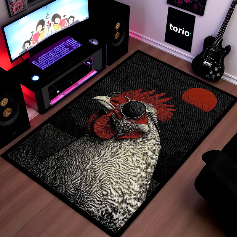 Cool Rooster in Sunglasses Area Rug | Vibrant Pop Art Bird Floor Mat | Quirky Modern Animal Rug | Torio Fun Home Decor Carpet for Gaming Setup, Bedroom & Kitchen