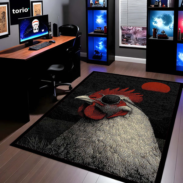 Cool Rooster in Sunglasses Area Rug | Vibrant Pop Art Bird Floor Mat | Quirky Modern Animal Rug | Torio Fun Home Decor Carpet for Gaming Setup, Bedroom & Kitchen
