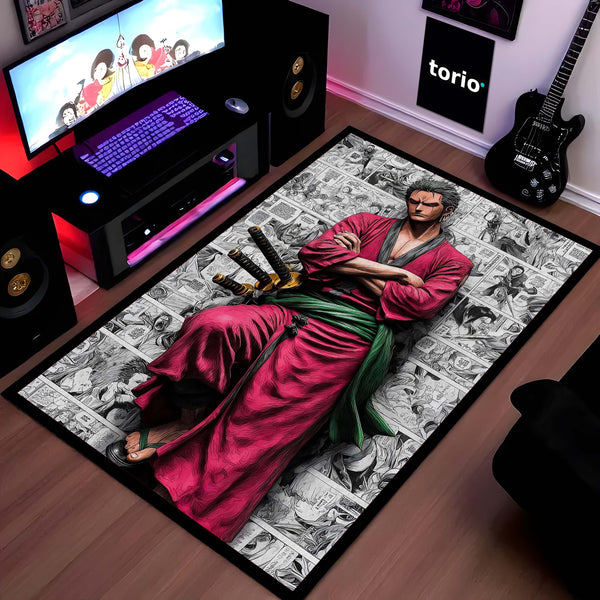 Roronoa Zoro Oni Giri Area Rug | One Piece Three-Sword Style Floor Mat | Zoro Haki Glow Anime Rug | Torio Gaming Room Decor Carpet for Bedroom, Studio & Living Room