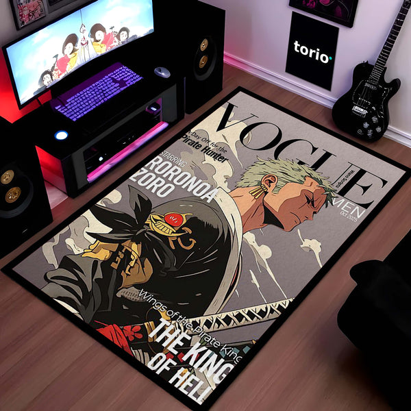 Roronoa Zoro Action Area Rug | One Piece Santoryu Swordsman Floor Mat | Green Energy Anime Rug | Torio Otaku Room Decor Carpet for Gaming Setup, Bedroom & Living Room