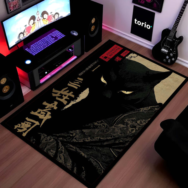 Black Samurai Cat Area Rug | Japanese Aesthetic Floor Mat | Dark Anime Style Cat Rug | Minimalist Decor Carpet for Bedroom, Gaming Room & Living Space