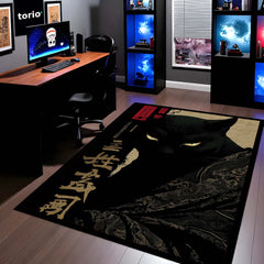 Black Samurai Cat Area Rug | Japanese Aesthetic Floor Mat | Dark Anime Style Cat Rug | Minimalist Decor Carpet for Bedroom, Gaming Room & Living Space