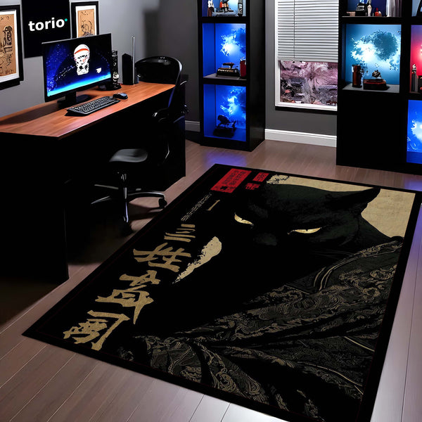 Black Samurai Cat Area Rug | Japanese Aesthetic Floor Mat | Dark Anime Style Cat Rug | Minimalist Decor Carpet for Bedroom, Gaming Room & Living Space