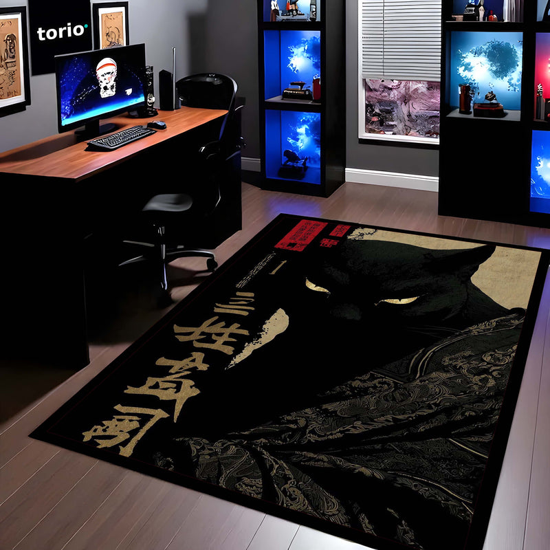 Black Samurai Cat Area Rug | Japanese Aesthetic Floor Mat | Dark Anime Style Cat Rug | Minimalist Decor Carpet for Bedroom, Gaming Room & Living Space