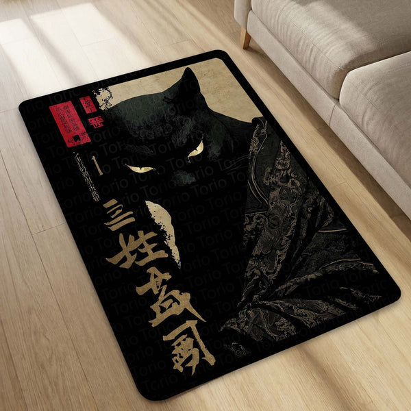 Black Samurai Cat Area Rug | Japanese Aesthetic Floor Mat | Dark Anime Style Cat Rug | Minimalist Decor Carpet for Bedroom, Gaming Room & Living Space