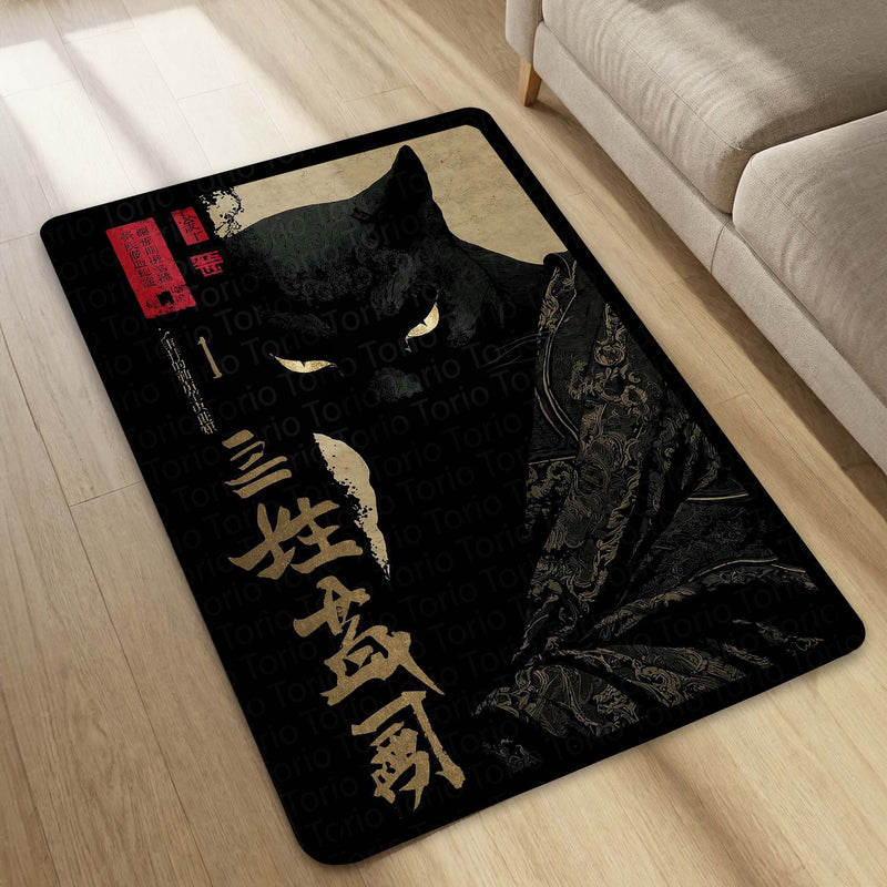 Black Samurai Cat Area Rug | Japanese Aesthetic Floor Mat | Dark Anime Style Cat Rug | Minimalist Decor Carpet for Bedroom, Gaming Room & Living Space