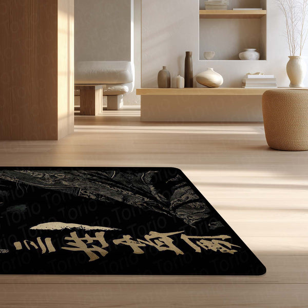 Black Samurai Cat Area Rug | Japanese Aesthetic Floor Mat | Dark Anime Style Cat Rug | Minimalist Decor Carpet for Bedroom, Gaming Room & Living Space