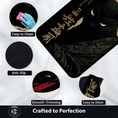 Black Samurai Cat Area Rug | Japanese Aesthetic Floor Mat | Dark Anime Style Cat Rug | Minimalist Decor Carpet for Bedroom, Gaming Room & Living Space