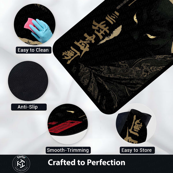 Black Samurai Cat Area Rug | Japanese Aesthetic Floor Mat | Dark Anime Style Cat Rug | Minimalist Decor Carpet for Bedroom, Gaming Room & Living Space