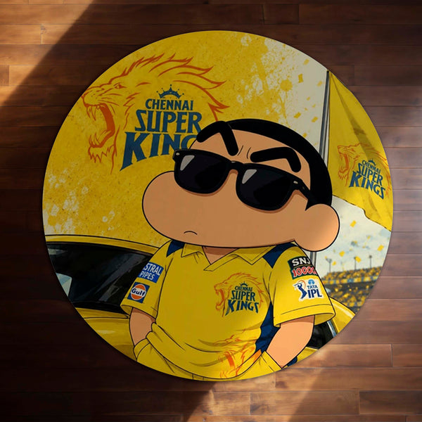 Shin Chan Chennai Super Kings Round Rug | CSK Fan Floor Mat | Anime Anti-Slip 3 mm Absorbent Circle Rug for Bedroom, Gaming Room & Cricket Lovers