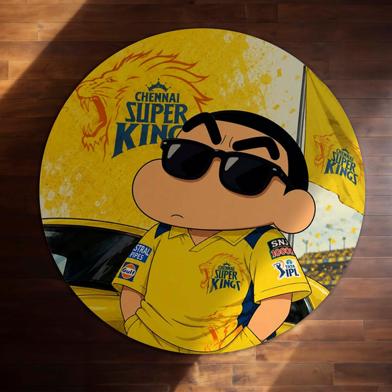 Shin Chan Chennai Super Kings Round Rug | CSK Fan Floor Mat | Anime Anti-Slip 3 mm Absorbent Circle Rug for Bedroom, Gaming Room & Cricket Lovers