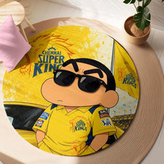 Shin Chan Chennai Super Kings Round Rug | CSK Fan Floor Mat | Anime Anti-Slip 3 mm Absorbent Circle Rug for Bedroom, Gaming Room & Cricket Lovers