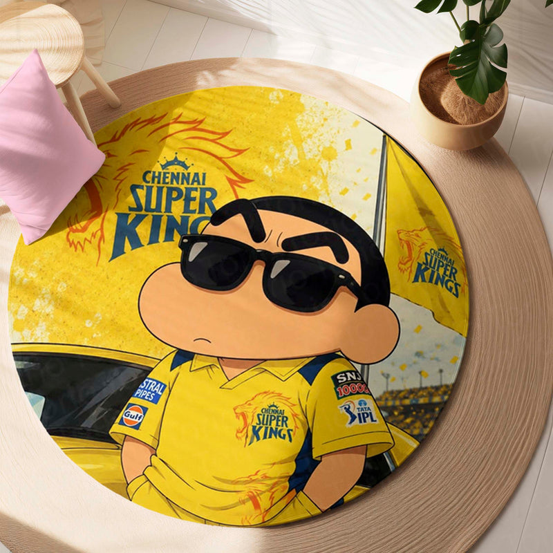 Shin Chan Chennai Super Kings Round Rug | CSK Fan Floor Mat | Anime Anti-Slip 3 mm Absorbent Circle Rug for Bedroom, Gaming Room & Cricket Lovers