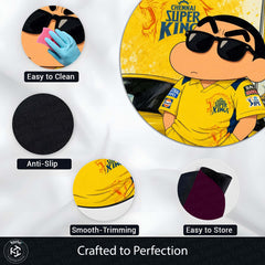 Shin Chan Chennai Super Kings Round Rug | CSK Fan Floor Mat | Anime Anti-Slip 3 mm Absorbent Circle Rug for Bedroom, Gaming Room & Cricket Lovers