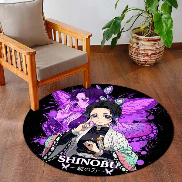 Shinobu Kocho Round Rug | Demon Slayer Inspired Floor Mat | Anime Anti-Slip 3 mm Absorbent Circle Rug for Bedroom, Gaming Room & Otaku Decor